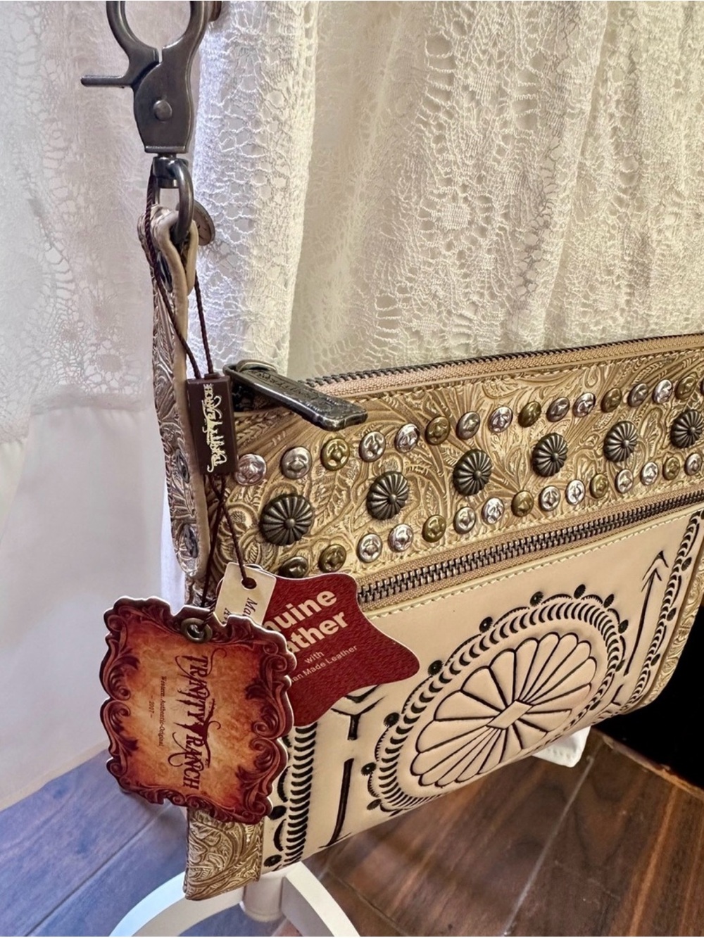 Trinity Ranch Western Boho Embossed Crossbody Bag in Tan with Tri Colored Studs - Picture 2 of 12